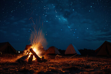 A crackling bonfire under a star-studded night sky, surrounded by tents and laughter.