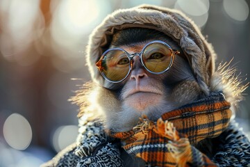 Outdoors, a monkey showcases its fashion sense in a chic outfit and sunglasses, illustrating its unique and trendy style 8K , high-resolution, ultra HD,up32K HD