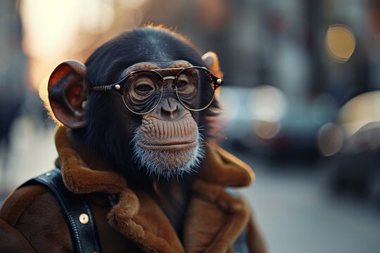 Outdoors, a stylish monkey rocks a chic outfit and sunglasses, exuding urban charm and sophistication 8K , high-resolution, ultra HD,up32K HD