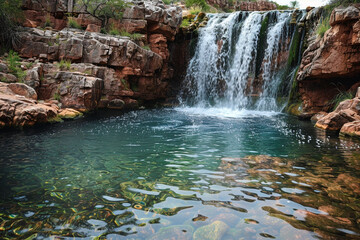 A picturesque waterfall cascading into a crystal-clear pool, inviting campers to cool off.