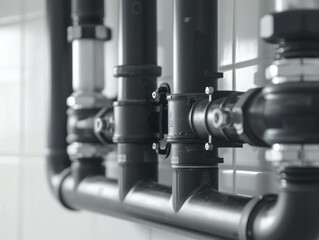 Vertical pipes and pipe connections on a white backdrop, forming an abstract composition representing communication channels