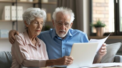 An elderly couple reviewing their retirement funds with financial documents and a laptop