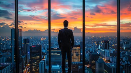 A man in a business suit stands before floor-to-ceiling windows in a high-rise office, watching the city lights ignite as the sun sets.