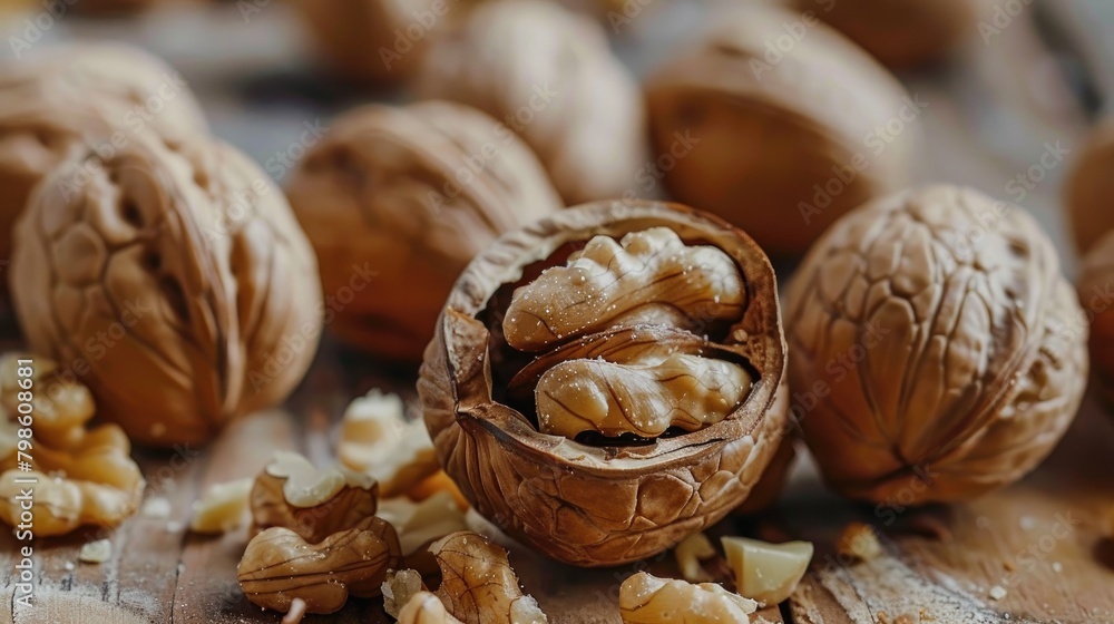 Poster walnuts with broken shells and intact kernels surrounded by whole walnuts