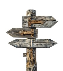A rustic wooden signpost with arrows pointing in different directions, indicating multiple route options on a white background - obrazy, fototapety, plakaty