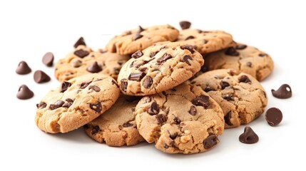 Isolated pile of chocolate chip cookies on white background with clipping path
