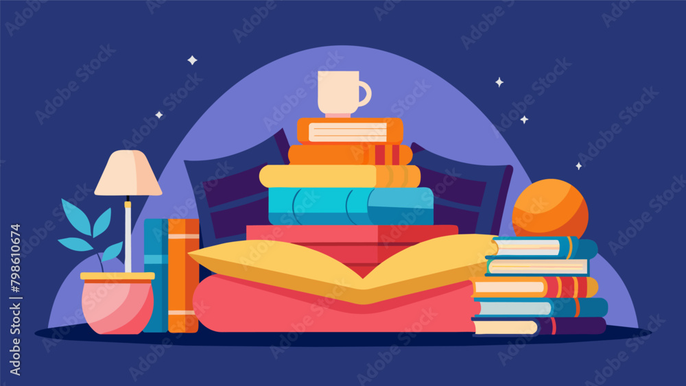 Poster an inviting reading nook with a pile of comfortable pillows encouraging relaxation and indulging in 
