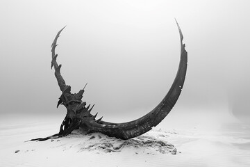 A solitary battle scythe, its form stark against the emptiness of white, awaiting the call to arms.
