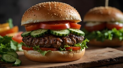 scrumptious cutlet pieces of tomatoes, lettuce, and cucumbers sandwiched between soft, baked buns in a restaurant. Close-up of a juicy burger.