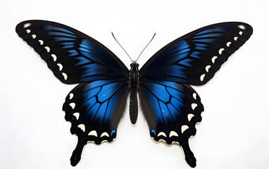 Black and Blue Butterfly on white background.