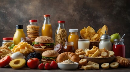 Fototapeta premium assortment of unhealthy goods that are detrimental to one's teeth, skin, heart, and figure. quick food with carbs. Room for text
