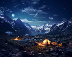 Camping in the valley at night with beautiful views. Used for making wallpaper, posters, cards, brochures.