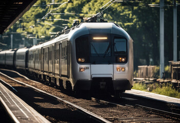 Fototapeta premium train commuter high speed fast railroad railway track express rapid locomotive transportation travel journey suburban public passenger technology traveling way forward concept subway