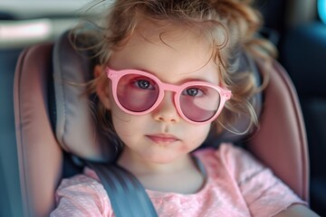 A cute little girl in sunglasses sits in a child seat, ready for a family ride.