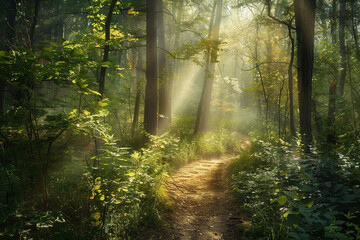 A winding trail through a dense forest, dappled sunlight filtering through the trees.