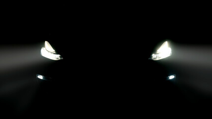 Turned on headlights of a modern, sports car on a black background. Concept of automobile services,...