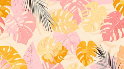 vector illustration of summer leaves and palm tree leaves in pink