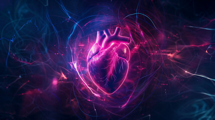 3D rendering of a heart with glowing lines, medical concept