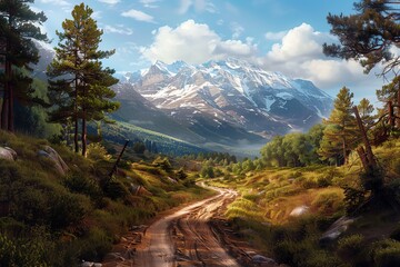Transform a rugged dirt road winding through a lush forest valley