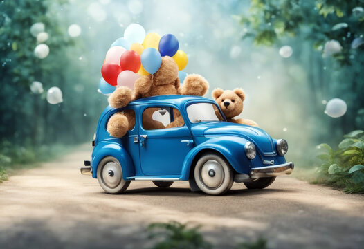 bear teddy car hand blue watercolor isolated balloon illustration drawn white background baby shower pastel vintage holiday vignetting happiness wildlife celebration adorable hand drawn little art