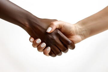 A handshake of two hands, one hand is dark-skinned and the other hand is light-skinned, symbolizing...