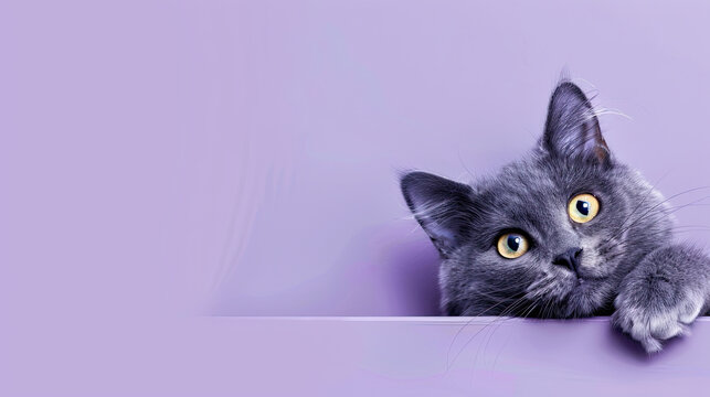 a Cat is peeking out of a Purple border, in the style of rendered