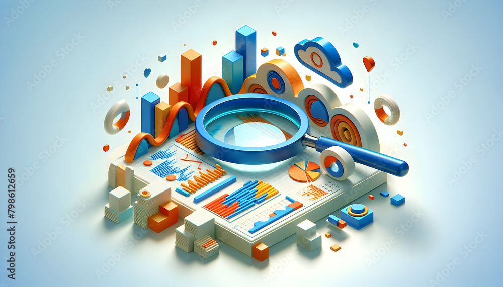 Aufkleber abstract data analysis 3d icon with magnifying glass in isometric scene - miniature diorama art for 