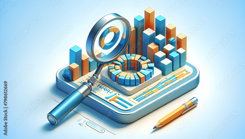 Aufkleber 3d icon: analytical abstract concept - magnifying glass examining data patterns in isometric scene a