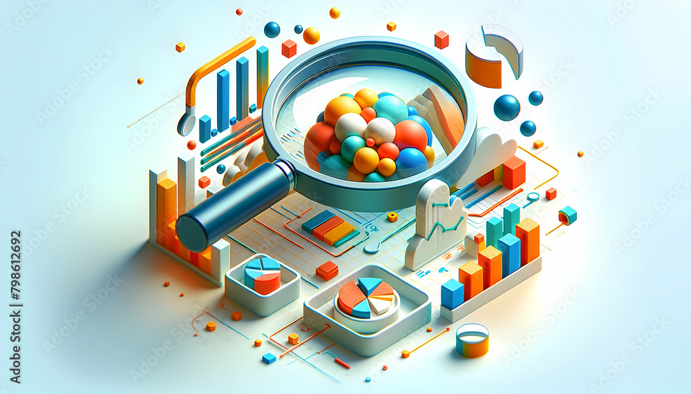 Poster analytical abstract 3d icon: data patterns analysis with magnifying glass in isometric scene and min