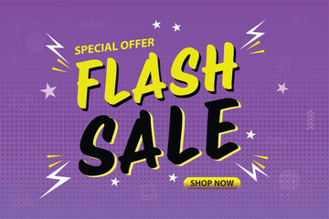 Flash sale Special offer banner or poster with flash icons on purple background. Flash Sales banner template design for social media and website. Special Offer Flash Sale campaign or promotion.