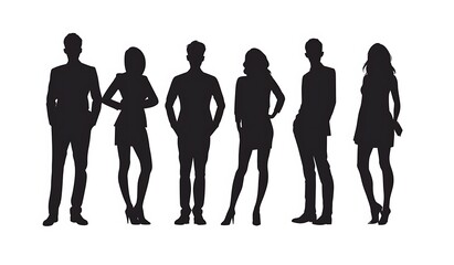 This image is a vector illustration of five people standing in a row, all are dressed in business attire.