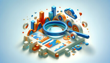 Abstract Data Analysis 3D Icon with Magnifying Glass in Isometric Scene - Miniature Diorama Art for Data-Driven Businesses