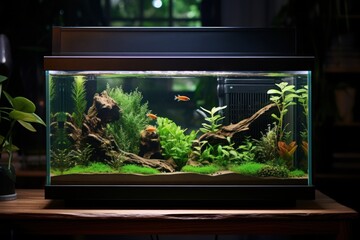 On the table, there is a small aquarium filled with fish, green plants, soil, and driftwood.