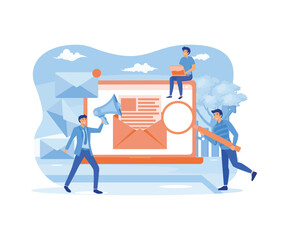 Composition with giant tablet PC, letter in envelope on screen, group of working people or team of marketers. Email marketing, internet advertisement, online promotion. flat vector modern illustration