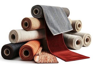 A variety of rolled up and stacked carpets with different colors and textures on a white background. 
