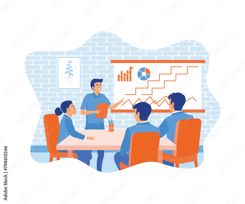 Poster people at business training look at presentation with graphics that shown by tutor on white backgrou
