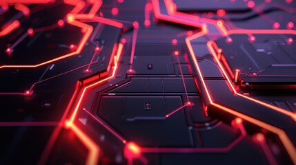 electronic circuit board - The scene is a maze of high-tech circuitry, illuminated by glowing red lines that suggest both heat and data flow. 