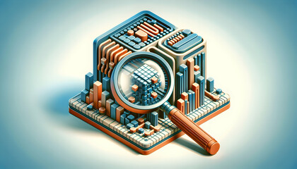 Isometric Scene with Magnifying Glass: Technological Texture 3D Icon for Tech Magazines