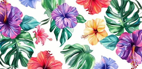 Tropical flower pattern, watercolor illustration on a white background