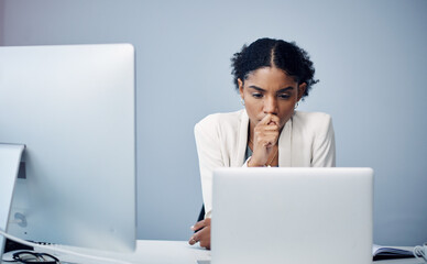 Businesswoman, thinking and laptop in office for planning, corporate and online project for...