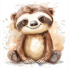 Fototapeta premium A cute cartoon sloth with big eyes and a friendly smile. The sloth is sitting on a white background with a watercolor paint splash.