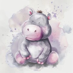 A cute hippopotamus sits on a white background with watercolor stains. - obrazy, fototapety, plakaty