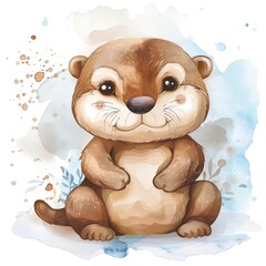 A cute cartoon otter in watercolor style - obrazy, fototapety, plakaty