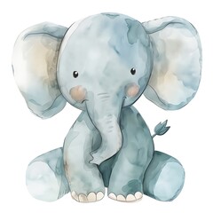A cute watercolor illustration of a baby elephant sitting down with a shy smile on its face. - obrazy, fototapety, plakaty