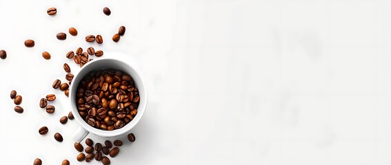 White background with coffee beans and cup of coffee on the right side 