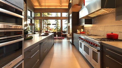 Interior Design: A modern kitchen with sleek cabinets - obrazy, fototapety, plakaty