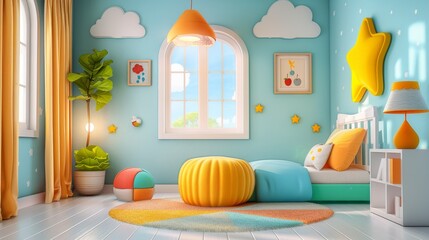 Interior Design: A vector illustration of a children's room with colorful furniture, toys, and playful decor - obrazy, fototapety, plakaty