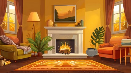 Interior Design: A vector illustration of a cozy living room with a fireplace - obrazy, fototapety, plakaty