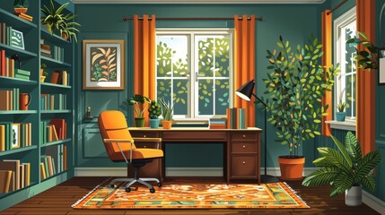Interior Design: A vector illustration of a home office with a desk, chair, bookshelves, and inspirational decor - obrazy, fototapety, plakaty