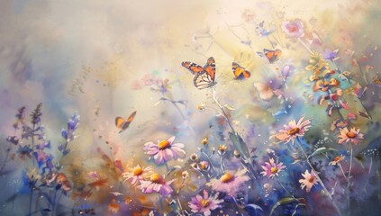 A watercolor painting of butterflies and wildflowers